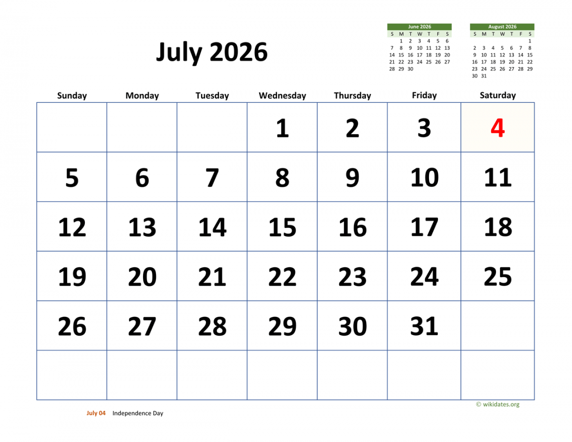 July  Calendar with Extra-large Dates  WikiDates