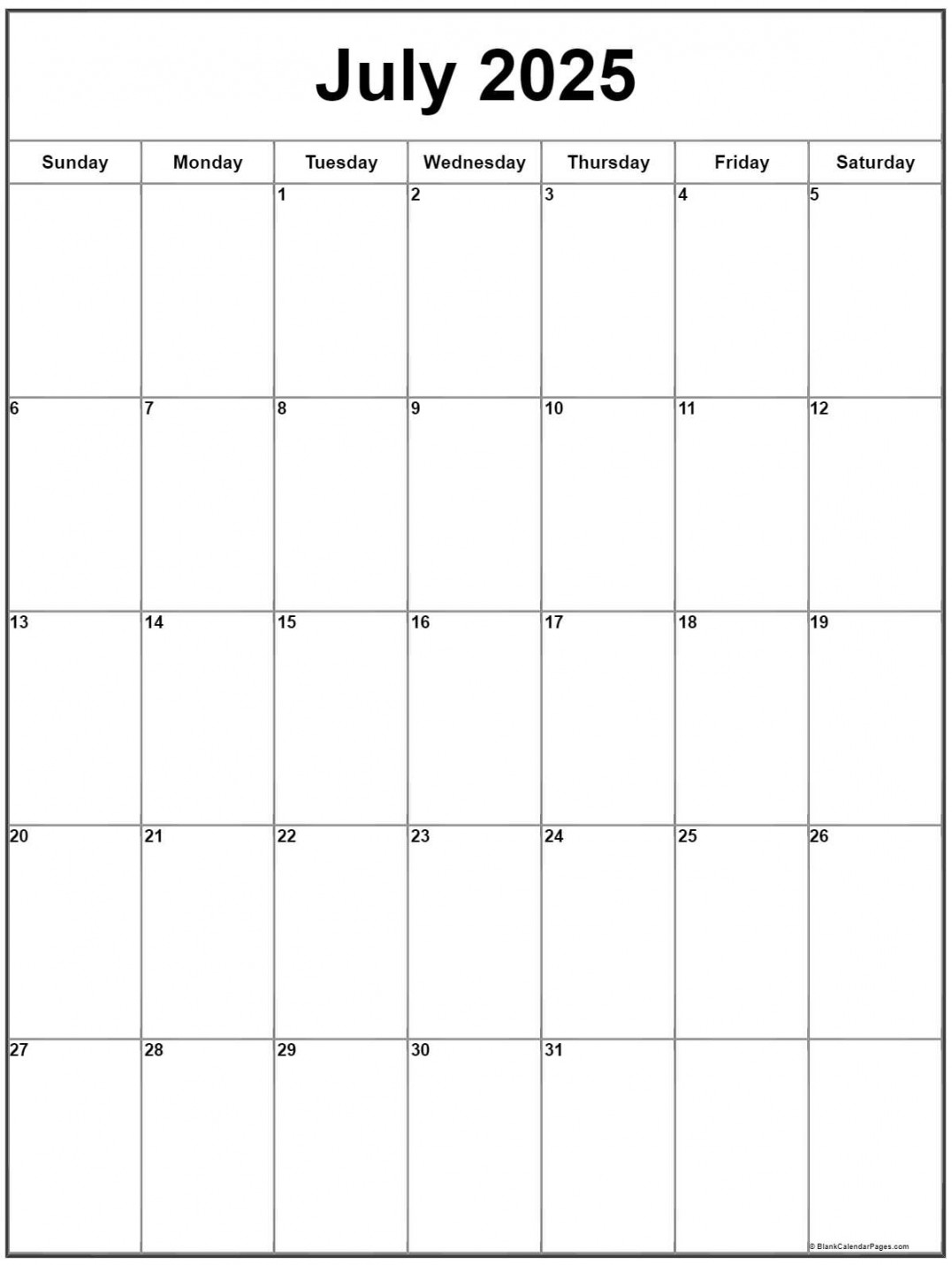 July  Vertical Calendar  Portrait