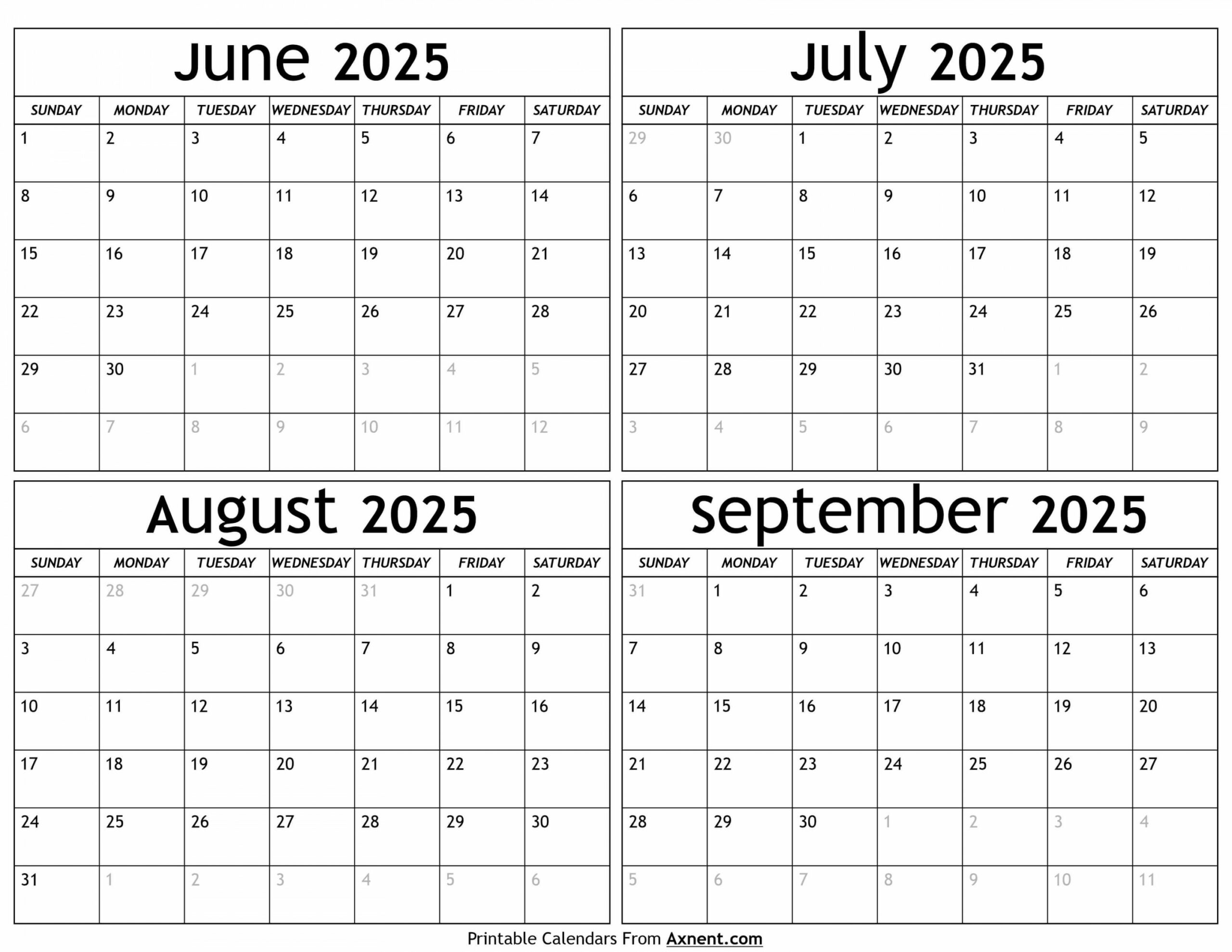 June To September  Calendar Templates - Four Months