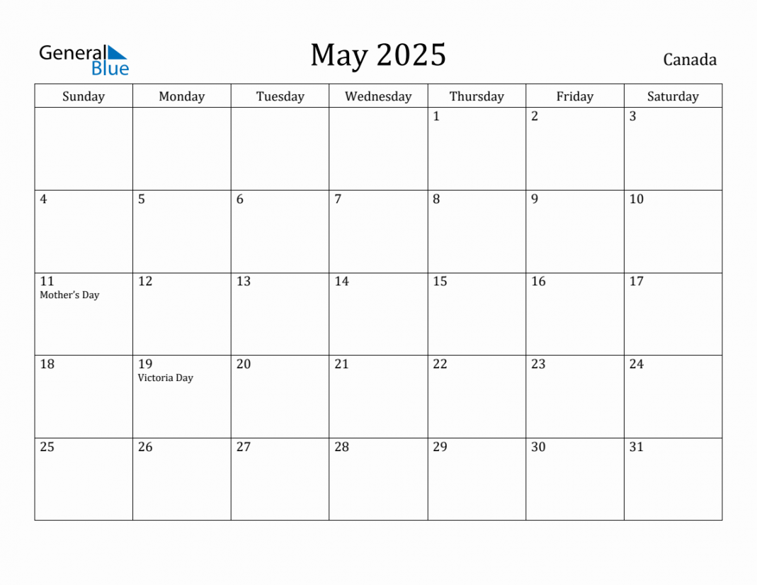 May  Monthly Calendar with Canada Holidays