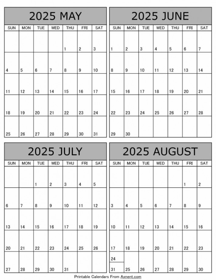 May To August  Calendar Templates - Four Months