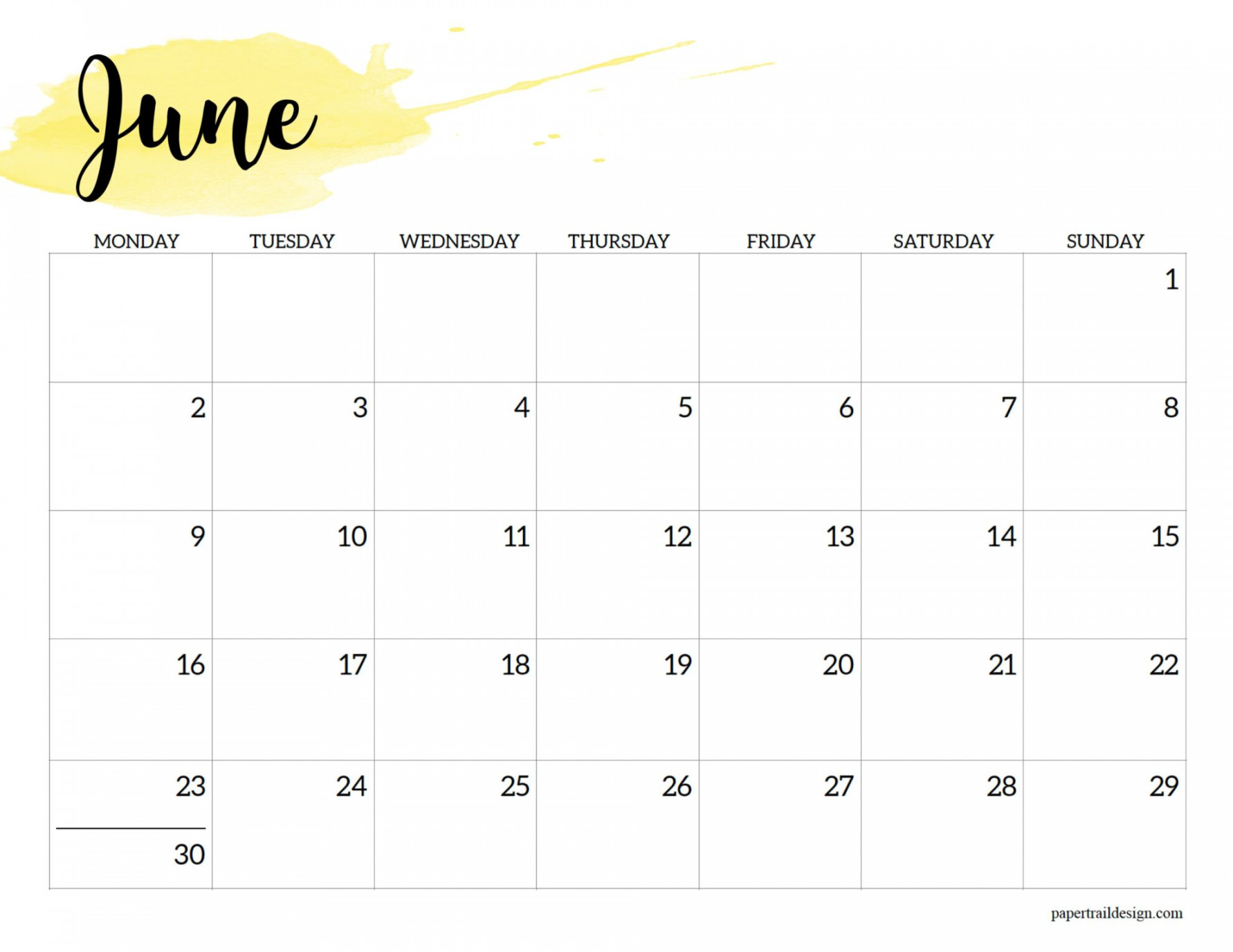 Monday Start Calendar Printable - Watercolor - Paper Trail Design