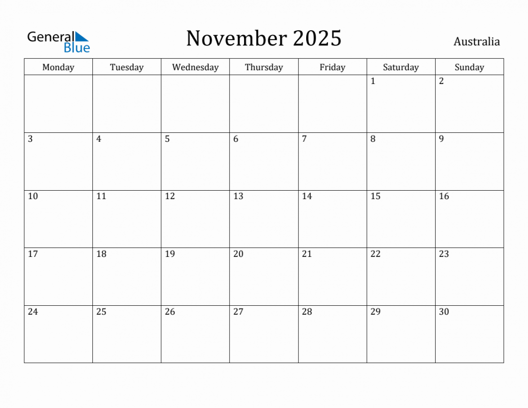 November  - Australia Monthly Calendar with Holidays