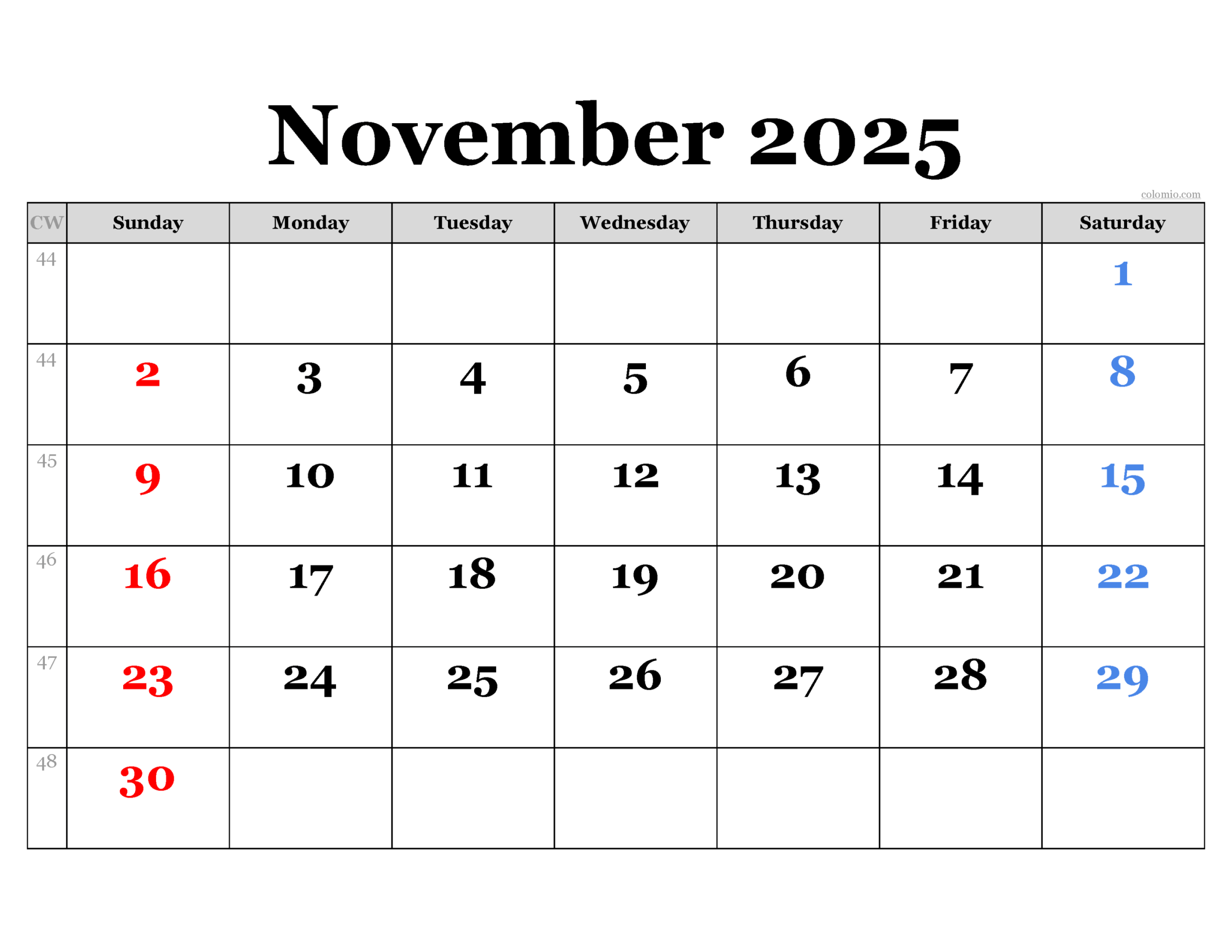 November  Calendar  Free Printable PDF, XLS and PNG