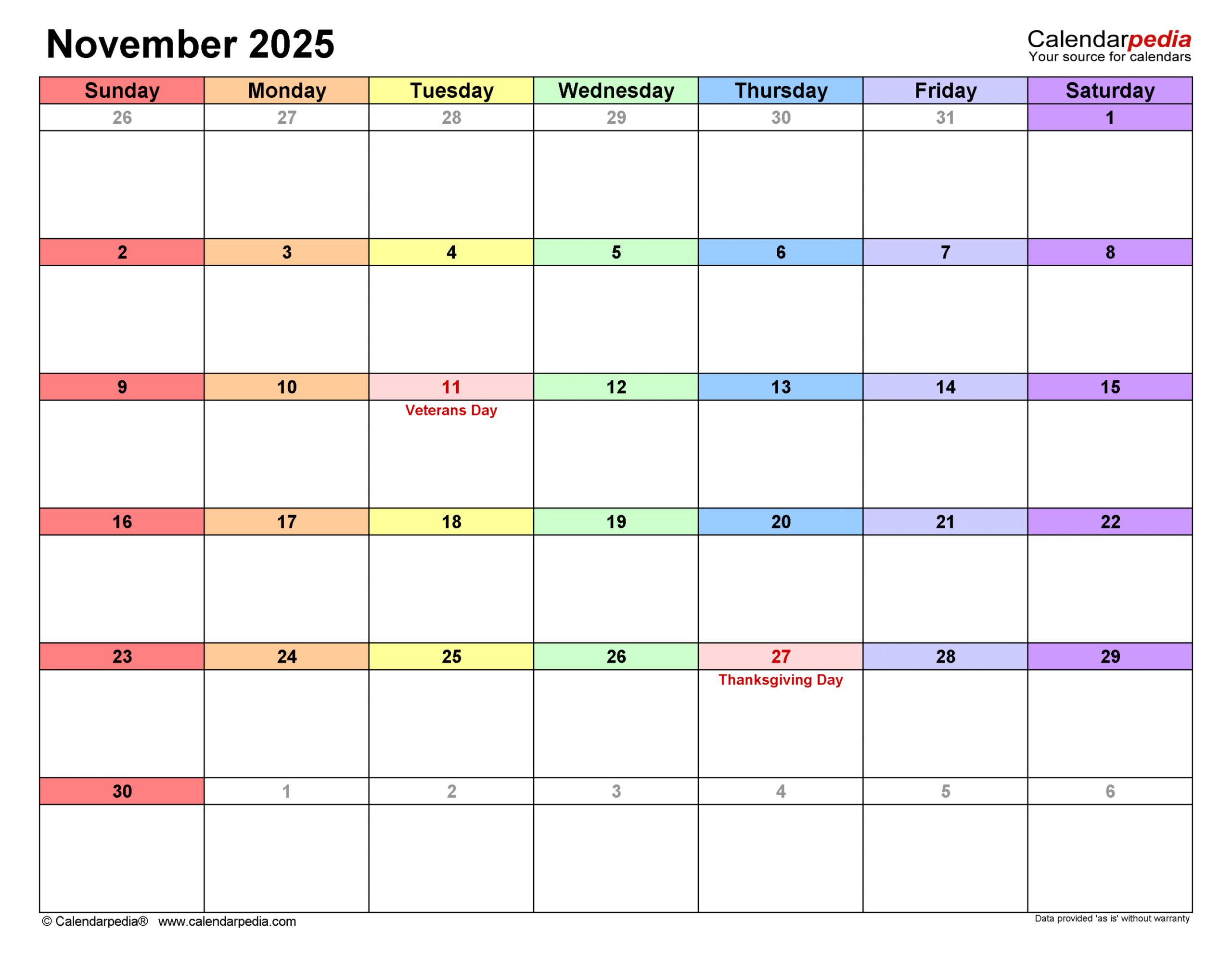 November  Calendar  Templates for PDF, Excel and Word
