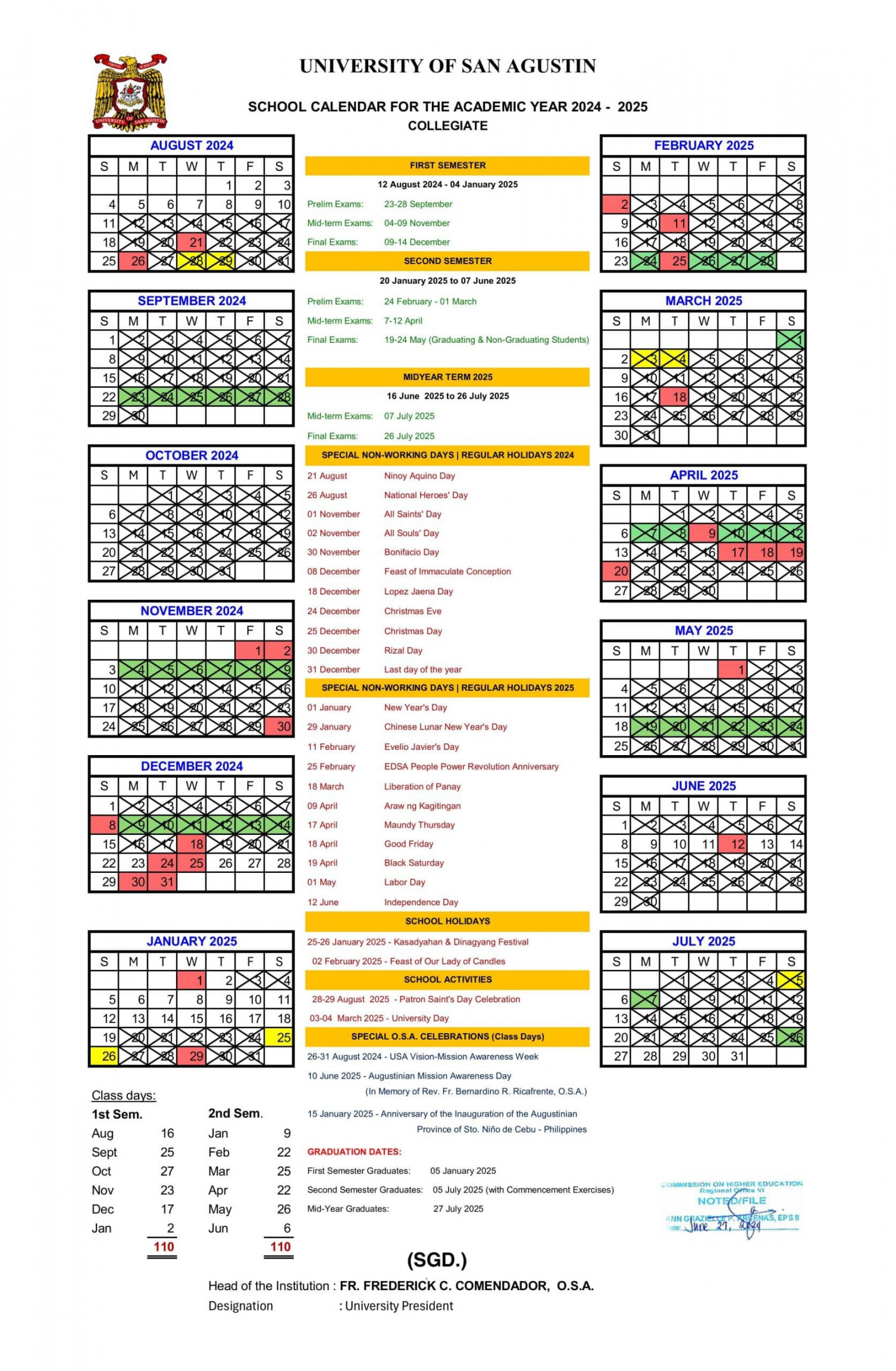 SCHOOL CALENDAR, AY - - UNIVERSITY OF SAN AGUSTIN